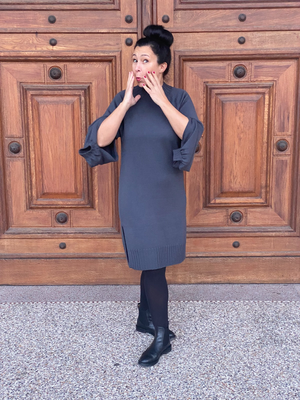 Cape-Like Knit Dress Grey