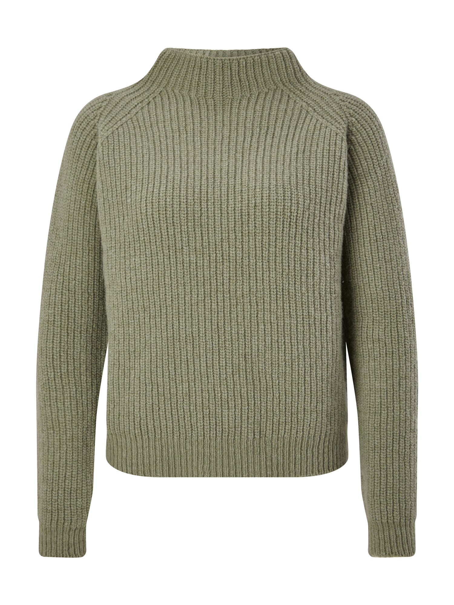 Grüner Pullover mit langen Ärmeln und Stehkragen aus Merinowolle.