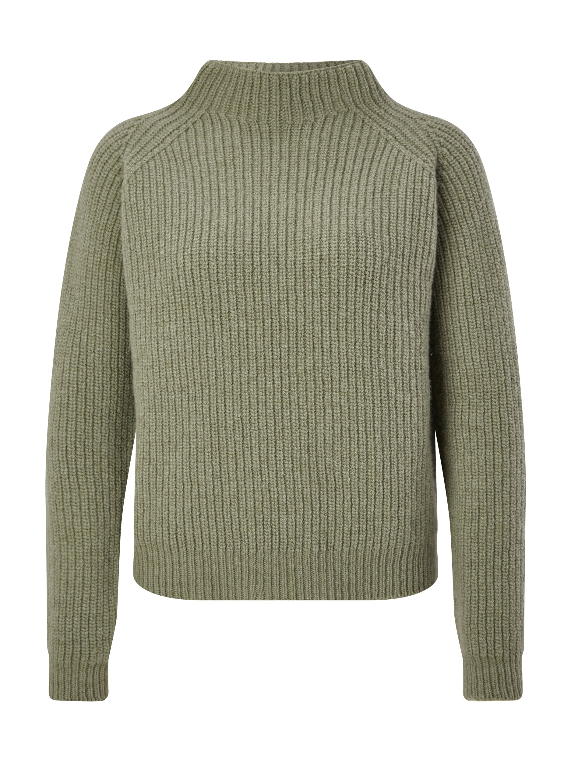 Grüner Pullover mit langen Ärmeln und Stehkragen aus Merinowolle.