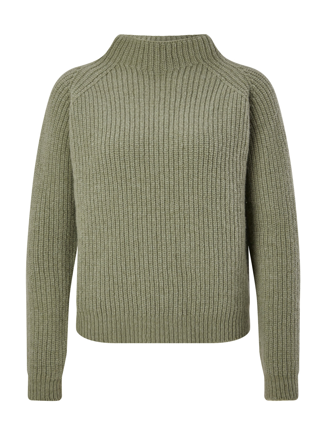Grüner Pullover mit langen Ärmeln und Stehkragen aus Merinowolle.