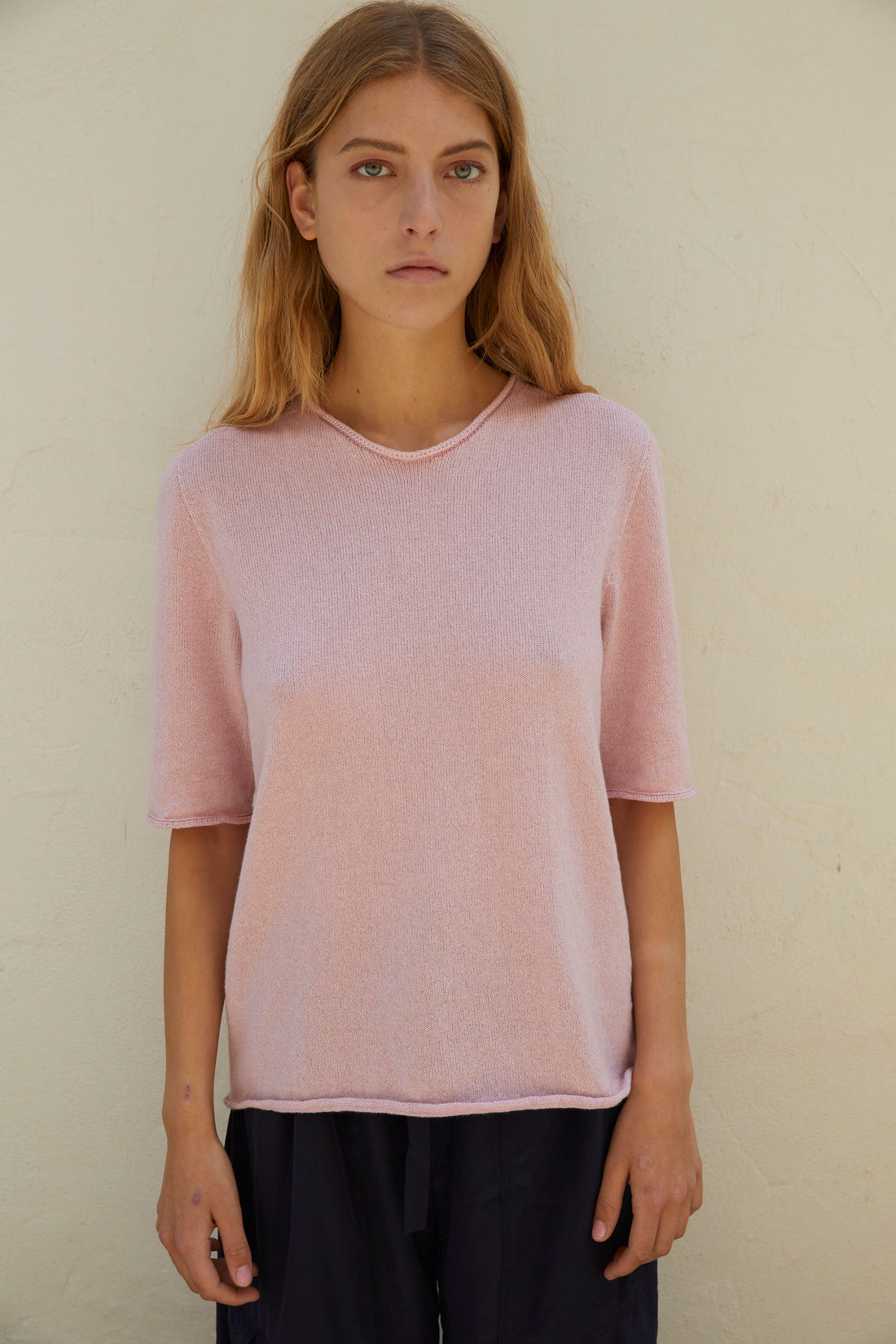 crewneck shortsleeve rose cotton cashmere
