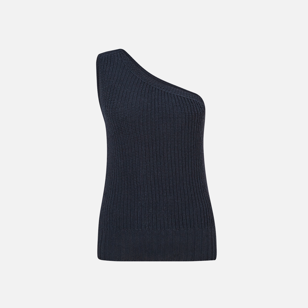 Karin Rocke One shoulder top in cotton and cashmere summer knits navy blue